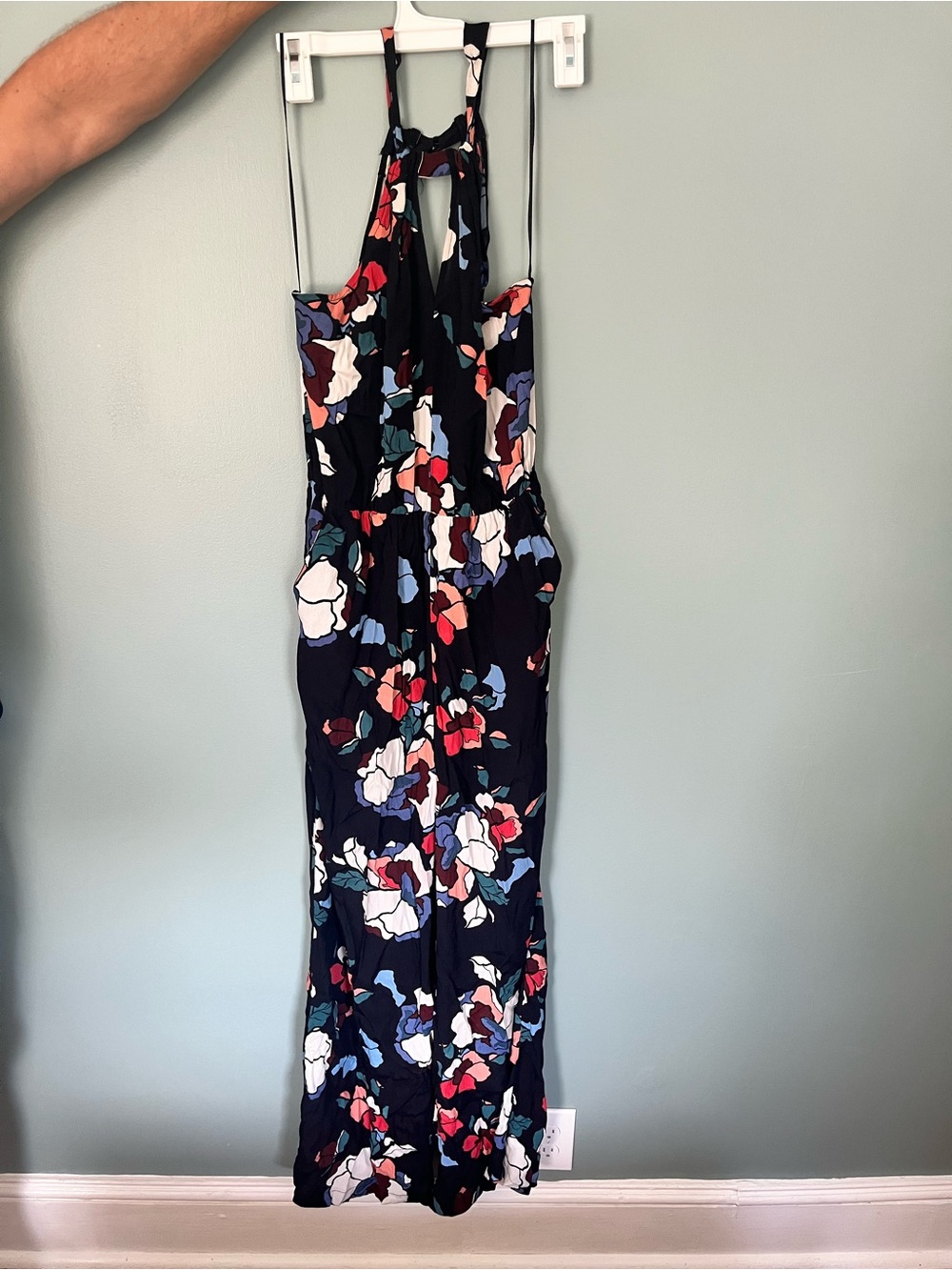 ASTR Black Floral Halter Jumpsuit with Keyhole Back